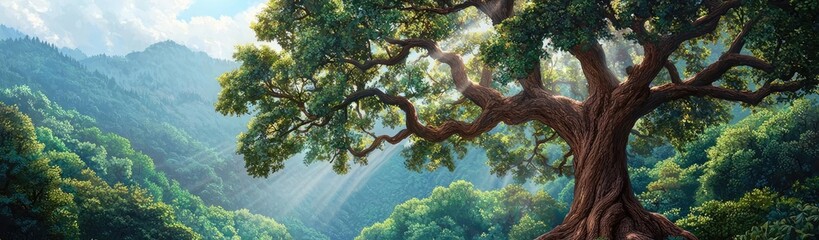 Large tree in a lush green landscape with mountains in the background.
