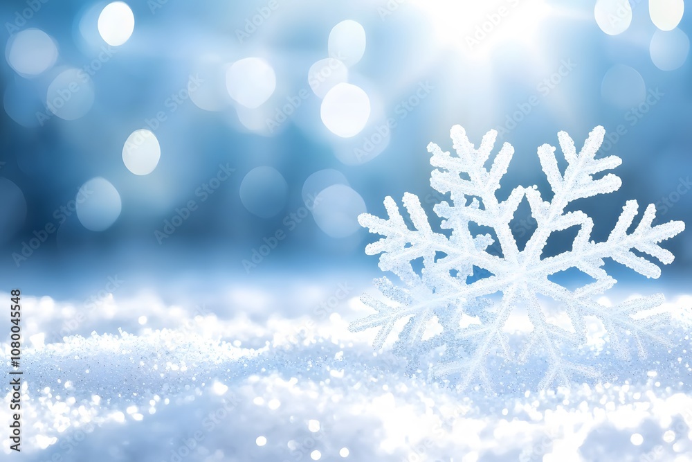 Poster beautiful snowflake on sparkling snow with soft blue background and bokeh effects creating a serene 
