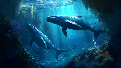 Fototapeta premium Majestic Whales' Ballet: A Serene Underwater Encounter