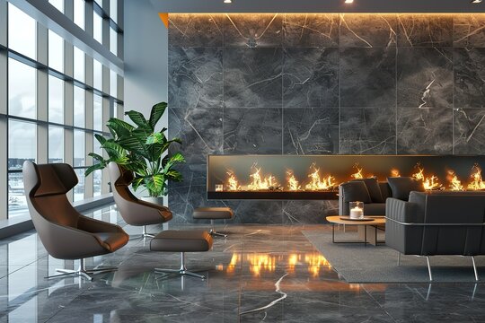 modern conceptual glossy shiny airport lounge hype realistic Designing a cozy fireplace area contemporary bright stylish interior