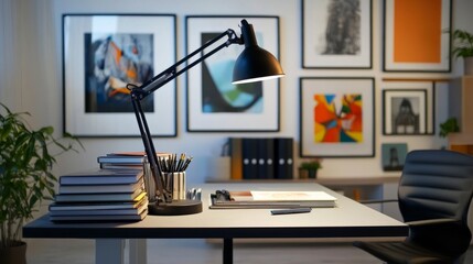 Modern workspace with a black desk lamp, stacked art books, and a comfortable ergonomic chair in a stylish room.