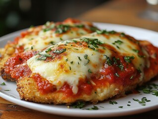 Delicious chicken parmesan topped with melted cheese and marinara sauce, garnished with fresh herbs on a white plate.