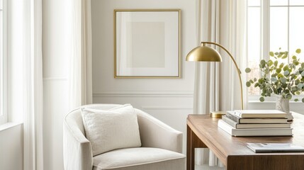 Fototapeta premium Sophisticated office with a gold lamp, a few curated books, and a velvet accent chair in a bright, elegant space.