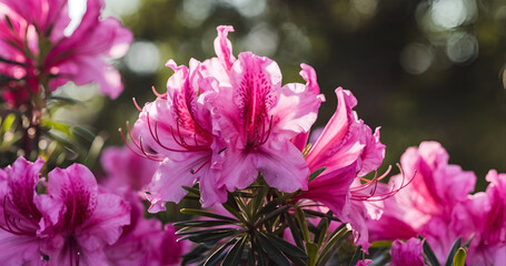 A close-up image of bright pink azalea flowers in full bloom.