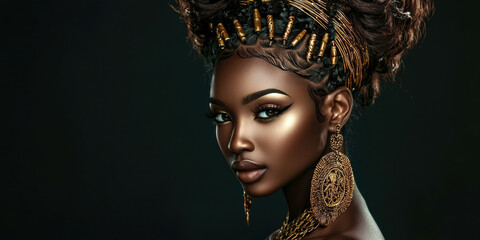 A woman with gold earrings and a gold headband