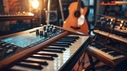A cozy music studio featuring keyboards, a guitar, and various electronic instruments.