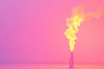 A large colorful cloud of smoke is rising from a stack of tall smokestacks