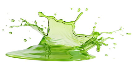 Dynamic splash of vibrant green liquid on white transparent background
