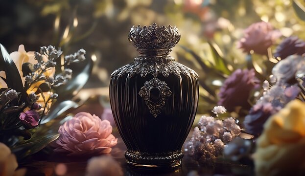 A bottle of black perfume with exquisite glass and metal decorations, placed on the table surrounded by flowers