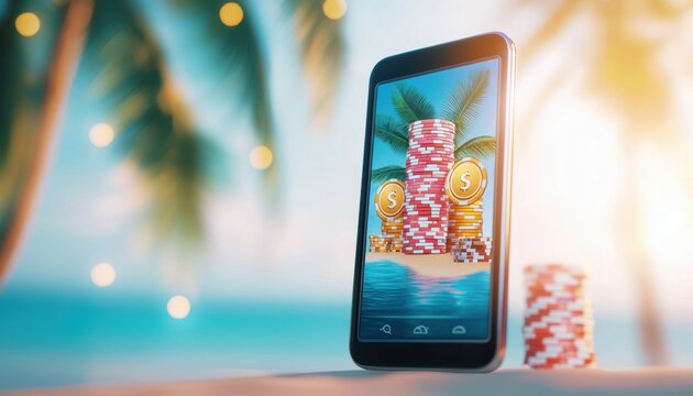 A mobile phone displaying a vibrant casino scene with poker chips set against a tropical beach backdrop.