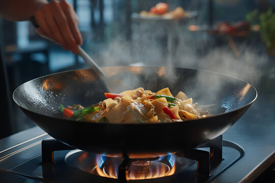 Chef cooking pad thai in a large wok restaurant kitchen food photography modern setting close-up culinary art