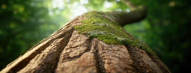 Moss covered tree trunk in a serene forest setting, natural beauty captured.