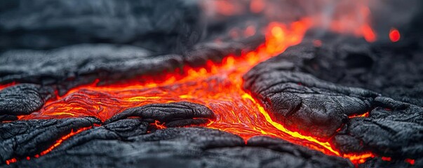 Flowing molten lava on dark volcanic rock, dramatic landscape, nature's raw power.