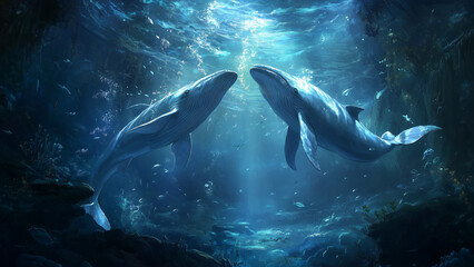 Fototapeta premium Oceanic Grace: Whales Meeting in an Ethereal Underwater Scene