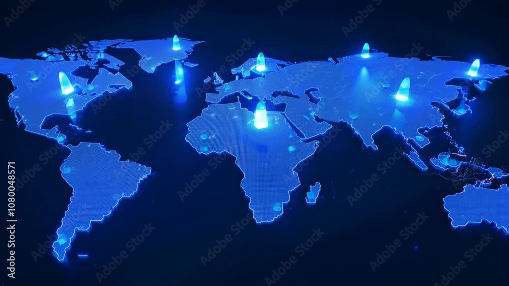 Poster blue light world map with highlighted locations and data generative ai