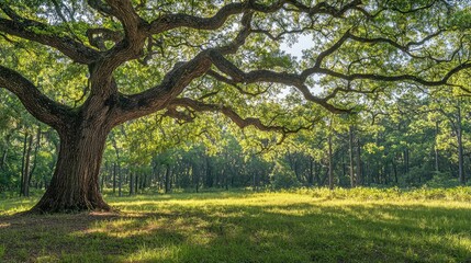 Obraz premium Large oak tree with sprawling branches in a sunlit forest setting.