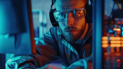 A focused technician working on computer hardware in a high-tech environment.
