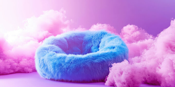 A fluffy blue pillow sits on a cloud of pink smoke - Powered by Adobe