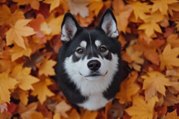 Obraz premium Akita in Autumn Leaves: A proud Akita standing amidst vibrant autumn leaves