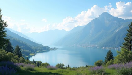 Fototapeta premium Enchanting lakeside view with majestic mountains in the distance