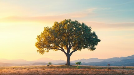 Fototapeta premium Lone tree on a hill against a serene sunset sky, nature's beauty at its finest.