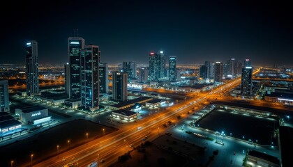 Fototapeta premium Vibrant cityscape at night illuminated by the glow of streetlights and buildings