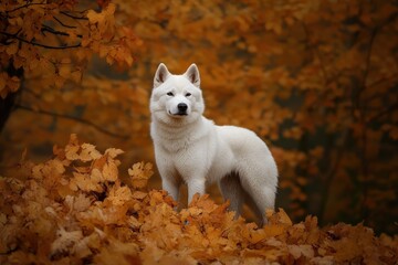 Fototapeta premium Akita in Autumn Leaves: A proud Akita standing amidst vibrant autumn leaves