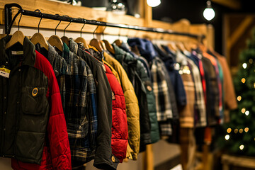 Obraz premium The coat drive display, featuring gently used jackets on rustic wooden hangers, showcases a heartwarming community spirit and giving through soft lighting and varied textures.