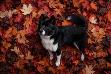 Obraz premium Akita in Autumn Leaves: A proud Akita standing amidst vibrant autumn leaves