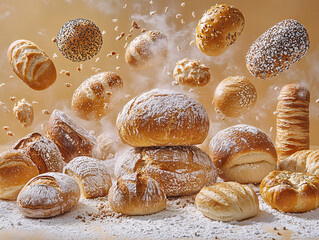 a variety of baked bread neatly arranged on wooden shelves, showcasing a variety of bread and pastries.