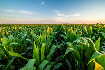 Vibrant cornfield basking in the warm glow of a sunset under a clear sky