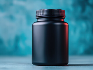 heavy duty black protein container on textured blue background, ideal for gym enthusiasts and fitness lovers. Perfect for showcasing nutrition products
