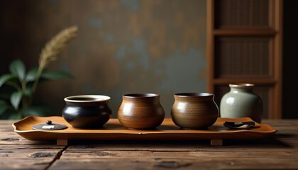  Elegant ceramic vases on a wooden tray