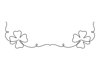 Four leaves clover continuous one line art vector illustration. Black and white Saint Patrick's Day background with lucky symbol shamrock contour drawing.