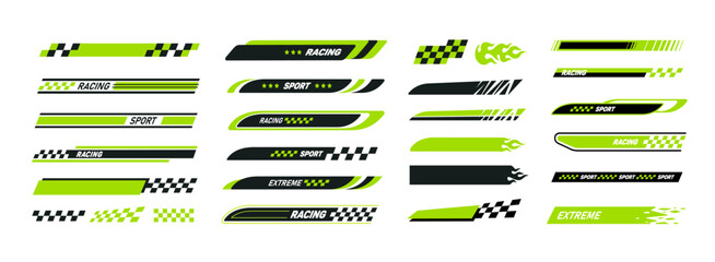 Racing sport Stripes and flames stickers decals set 1. Extreme sports racing flags stickers design. Sport car  and motorbike elements. Vector stickers collection for motorsport and racing event