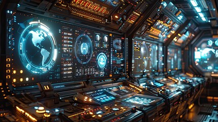 Naklejka premium The control room is futuristic, with advanced technology, holographic displays and a sleek, modern design.