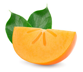 sliced ripe persimmon with green leaves isolated on white background. clipping path