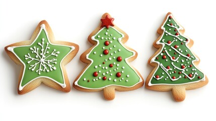 Three Christmas Cookies Decorated with Green Icing and Red Sprinkles