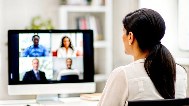 An Indian businesswoman leading a virtual presentation and discussion with clients.
