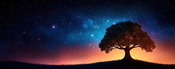 Silhouette of a tree against a starry night sky with vibrant colors.