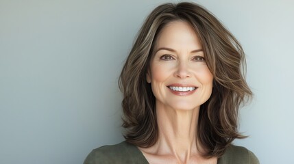 Fototapeta premium Portrait of an attractive middle aged woman, closeup on grey background
