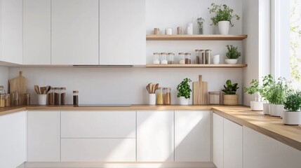 A minimalist kitchen with white cabinets, a wooden countertop, and open shelving