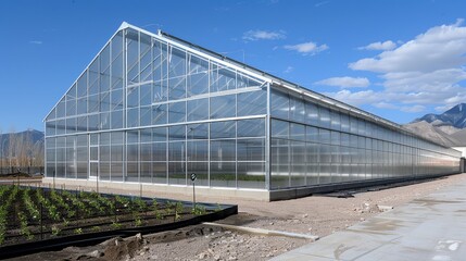 Fototapeta premium Modern Greenhouse in Countryside with Clear Skies
