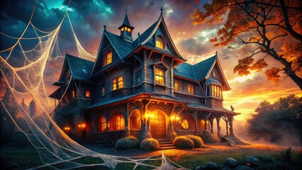 In the heart of night, a haunted Spanish house looms, draped in cobwebs, dim lighting casting eerie shadows, creating an atmosphere thick with dread and suspense.