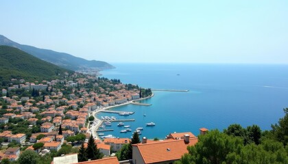 Obraz premium Idyllic coastal town with vibrant blue sea and lush greenery