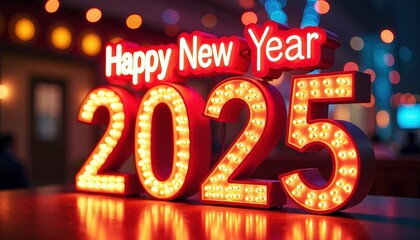 Bright glowing neon Happy New Year 2025 sign illuminating the night with dazzling lights and festive spirit