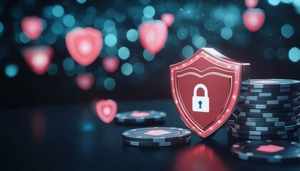 Digital security concept with shield, padlock, and poker chips, representing online gaming protection and data safety.