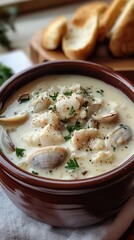Delicious creamy clam chowder served in a rustic bowl with herbs and crusty bread on the side, perfect for a comforting meal.