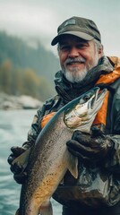 Naklejka premium A man is holding a large fish in his hands