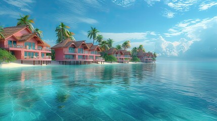 Obraz premium A tropical island, with softly colored beach huts, pastel palm trees and calm turquoise seas.